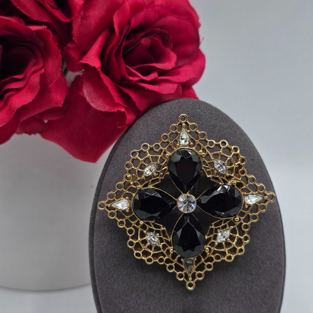 Vintage Gold Tone Black Crystal Filigree Brooch Victorian Style Intricate Square
